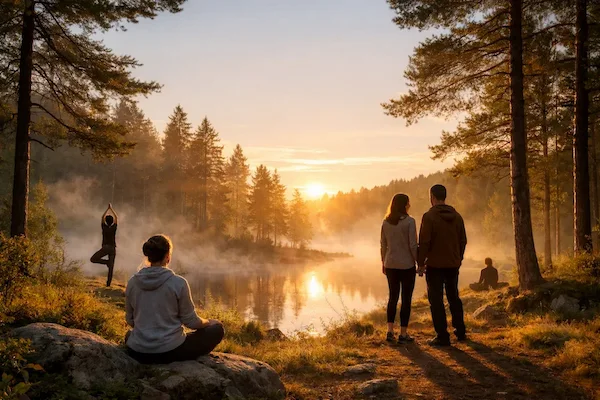 Menschen praktizieren Yoga und Meditation an einem nebligen See bei Sonnenaufgang; ein Symbol für ein ganzheitliches Portal für Gesundheit und Wohlbefinden.
