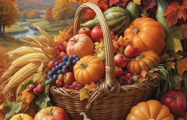 Ein geflochtener Korb voller herbstlicher Ernte wie Kürbisse, Äpfel, Mais und Trauben in einer warmen Landschaft. Gesunde Ernährung: Nähren Sie Ihren Körper von Innen mit naturbelassenen Lebensmitteln.