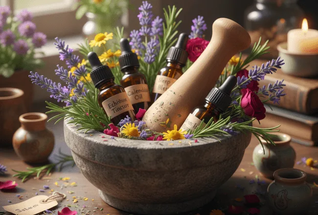 Ein Steinmörser mit Stößel, umgeben von Heilkräutern wie Lavendel und Kamille sowie kleinen Fläschchen mit Echinacea-Tinktur und Calendula-Öl – Symbol für Phytotherapie und Naturheilkunde.