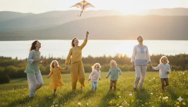 Drei Frauen und vier Kinder laufen fröhlich über eine sonnige Blumenwiese und lassen einen bunten Drachen steigen; ein Symbol für allgemeine Gesundheit, Prävention durch Bewegung an der frischen Luft und ein stressfreies Leben.