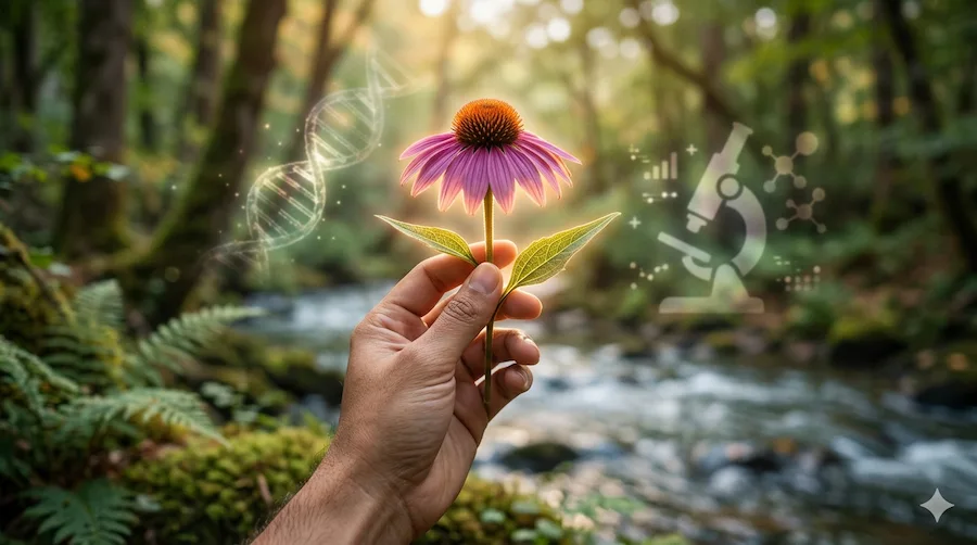 Eine Hand hält eine violette Echinacea-Blüte vor einem Waldfluss, flankiert von leuchtenden Symbolen einer DNA-Doppelhelix und eines Mikroskops. Als Team passionierter Gesundheitsenthusiasten verbinden wir Naturkraft mit wissenschaftlicher Aufklärung für Ihr Wohlbefinden.