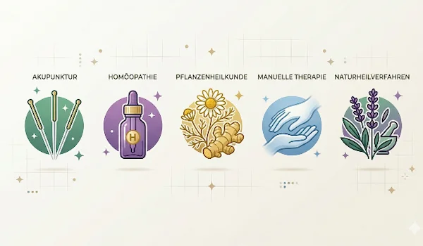 Fünf illustrierte Symbole für alternative Heilmethoden: Akupunkturnadeln, ein Homöopathie-Fläschchen, Heilpflanzen (Kamille und Ingwer), händische Manuelle Therapie und Naturheilverfahren mit Lavendel und Mörser. Diese Vielfalt zeigt, wie sich Alternativmedizin durch Ganzheitlichkeit von der symptomfokussierten Schulmedizin unterscheidet.