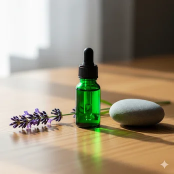 Eine kleine Glasflasche mit Pipette neben einem Lavendelzweig und einem Naturstein auf Holz – Symbole der Alternativmedizin im Kontext gesundheitlicher Aufklärung.