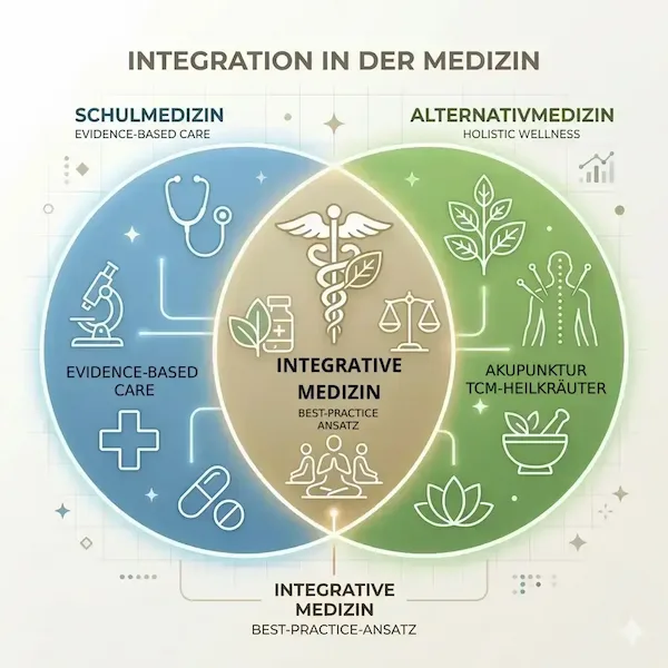 Ein Venn-Diagramm zur "Integration in der Medizin". Der linke blaue Kreis steht für Schulmedizin (Evidence-based Care), der rechte grüne für Alternativmedizin (Holistic Wellness mit Akupunktur & TCM). Die goldene Schnittmenge zeigt die Integrative Medizin als Best-Practice-Ansatz, der beide Welten für eine ganzheitliche Gesundheit vereint.