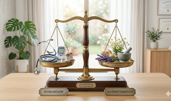 Eine antike Waagschale im Gleichgewicht. In der linken Schale ("Schulmedizin") liegen Stethoskop und Messgeräte, in der rechten ("Alternativmedizin") Kräuter wie Lavendel, Kamille und ein Mörser. Das Bild verdeutlicht den Unterschied zwischen symptomorientierter Schulmedizin und dem ganzheitlichen Ansatz alternativer Heilmethoden.