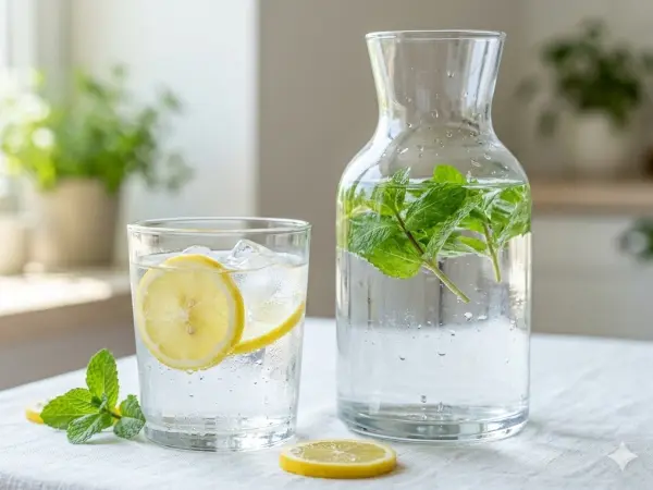 Eine gläserne Karaffe und ein Glas gefüllt mit klarem Wasser, frischen Zitronenscheiben, Eiswürfeln und Minzblättern auf einem hellen Tisch. Entdecken Sie alles über gesunde Ernährung, Darmgesundheit, Nährstoffe und Ernährungsformen. Ihr umfassender Guide für ein vitales und ausgeglichenes Leben. Jetzt informieren!