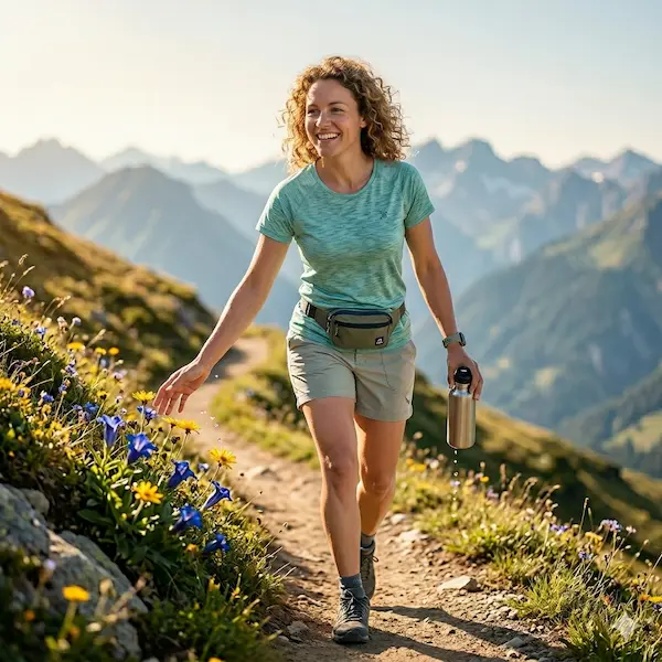 Bewegungstherapie für Vitalität und Prävention Eine lächelnde Frau wandert bei Sonnenschein auf einem Bergpfad, berührt im Vorbeigehen Bergblumen und hält eine Trinkflasche in der Hand; die Bewegungstherapie in der Naturheilkunde betont die Bedeutung von regelmäßiger, moderater Bewegung in der Natur als essenziellen Bestandteil eines gesunden Lebensstils.