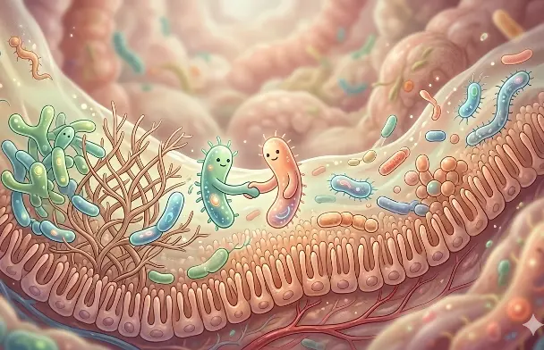 Eine freundliche, illustrierte Darstellung des Mikrobioms im menschlichen Darm mit lächelnden, bunten Bakterien, die sich die Hände reichen, umgeben von einer gesunden Darmflora. Entdecken Sie alles über gesunde Ernährung, Darmgesundheit, Nährstoffe und Ernährungsformen. Ihr umfassender Guide für ein vitales und ausgeglichenes Leben. Jetzt informieren!