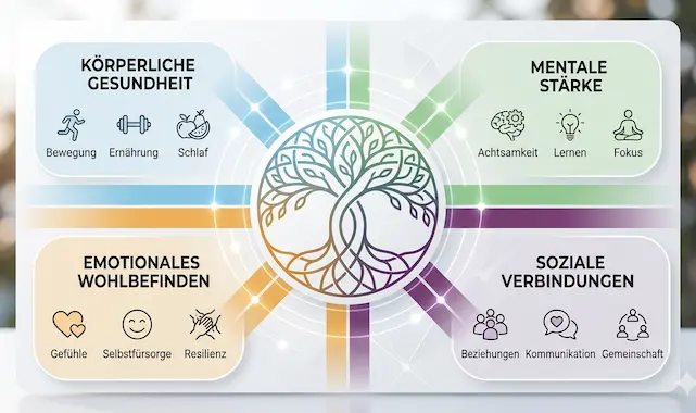 Eine vierteilige Infografik mit den Begriffen „Körper“, „Geist“, „Seele“ und „Soziales Umfeld“ sowie einem zentralen Lebensbaum-Logo; sie illustriert die Säulen für allgemeine Gesundheit, Prävention, Schlaf, Bewegung und Stressmanagement.