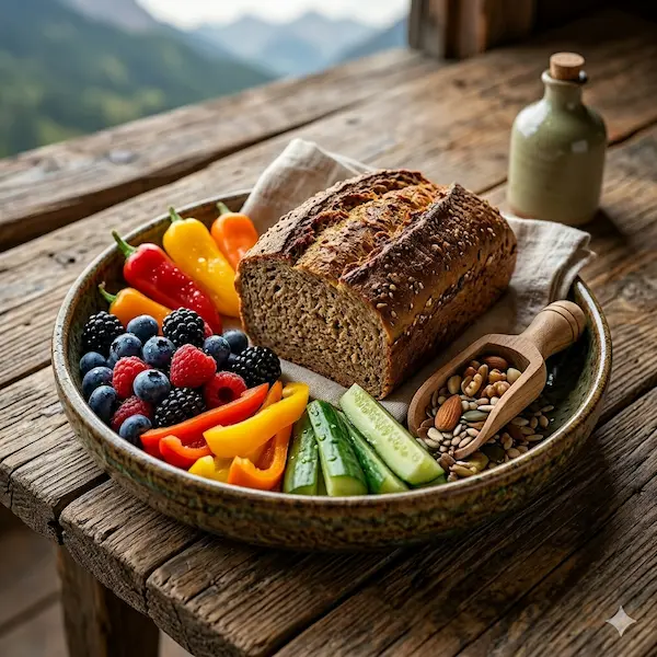 Ernährungstherapie: Heilende Nahrung als Basis Eine rustikale Holzschale auf einem Tisch im Freien enthält ein frisch gebackenes Vollkornbrot, bunte Paprika, Beeren, Gurkenscheiben und eine Holzschaufel mit Nüssen und Kernen. Die Ernährungstherapie in der Naturheilkunde legt den Fokus auf eine naturbelassene, vollwertige und ausgewogene Ernährung als Grundlage für körperliche Gesundheit und Wohlbefinden.
