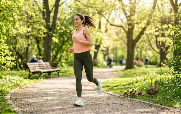 Eine lächelnde Frau beim Joggen auf einem Parkweg im Sonnenschein, im Hintergrund eine Ente mit Küken auf der Wiese; ein zentraler Baustein für allgemeine Gesundheit, Prävention, Schlaf, Bewegung und Stressmanagement.