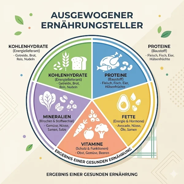 Eine kreisförmige Infografik zum Thema ausgewogener Ernährungsteller, unterteilt in fünf farbige Segmente: Kohlenhydrate (Getreide, Brot), Proteine (Fleisch, Fisch, Eier, Hülsenfrüchte), Fette (Avocado, Nüsse, Öle), Vitamine (Obst, Gemüse) und Mineralien (Gemüse, Samen). Entdecken Sie alles über gesunde Ernährung, Darmgesundheit, Nährstoffe und Ernährungsformen – Ihr umfassender Guide für ein vitales und ausgeglichenes Leben.