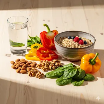 Ein Glas Wasser steht neben einer Schale mit Vollkorngetreide, frischem buntem Gemüse wie Paprika und Spinat sowie einer Handvoll Nüssen auf einer hellen Holzoberfläche, um die Vielfalt einer vollwertigen Kost zu illustrieren.
