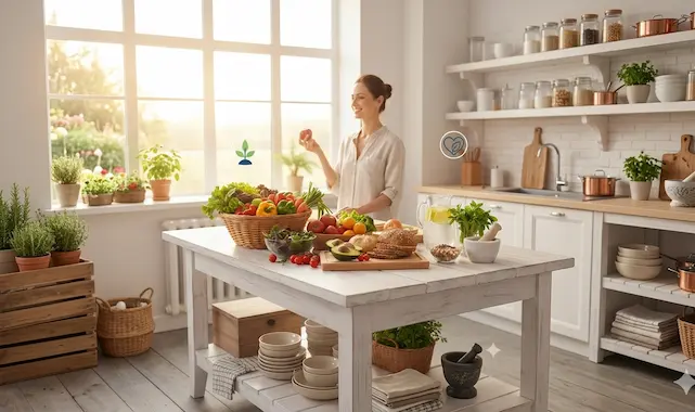 Eine lächelnde Frau in einer hellen Küche hält einen Apfel in der Hand; vor ihr auf dem Tisch steht ein Korb mit frischem Gemüse, Avocado, Vollkornbrot und Wasser als Basis für allgemeine Gesundheit, Prävention, Schlaf, Bewegung und Stressmanagement.