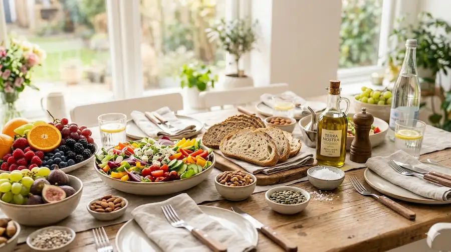 Ein reich gedeckter Holztisch mit bunten Salaten, frischem Obst, Vollkornbrot, Nüssen und Olivenöl in einer hellen Küche. Entdecken Sie alles über gesunde Ernährung, Darmgesundheit, Nährstoffe und Ernährungsformen – Ihr umfassender Guide für ein vitales und ausgeglichenes Leben.