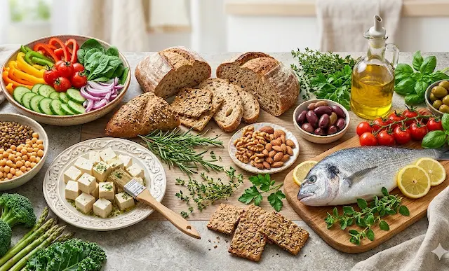 Eine Draufsicht auf einen rustikalen Holztisch mit einer Auswahl an Lebensmitteln für verschiedene Ernährungsformen: Ein gegrillter Fisch mit Kräutern, Tofuwürfel, Hülsenfrüchte wie Linsen und Kichererbsen, Brokkoli, Karotten, Oliven, Feta und frische Kräuter. Entdecken Sie alles über gesunde Ernährung, Darmgesundheit, Nährstoffe und Ernährungsformen. Ihr umfassender Guide für ein vitales und ausgeglichenes Leben. Jetzt informieren!