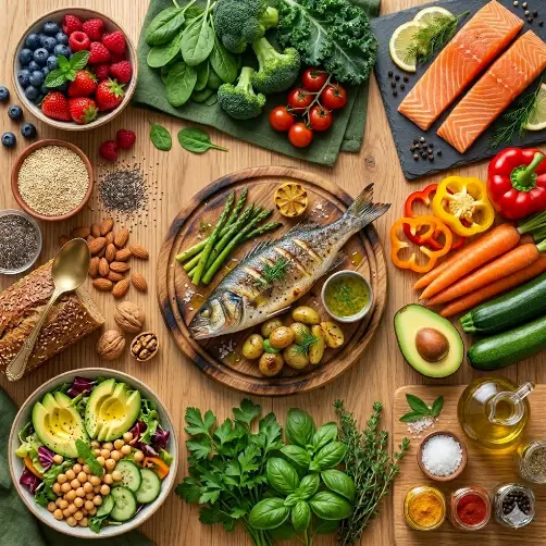 Eine Draufsicht auf einen hölzernen Tisch mit einer Vielfalt an frischen Zutaten und Gerichten: Ein gegrillter Fisch mit Spargel und Kartoffeln, Lachsfilets, eine bunte Bowl mit Avocado und Kichererbsen, frische Beeren, Brokkoli, Paprika und verschiedene Kräuter. Entdecken Sie alles über gesunde Ernährung, Darmgesundheit, Nährstoffe und Ernährungsformen. Ihr umfassender Guide für ein vitales und ausgeglichenes Leben. Jetzt informieren!