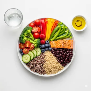 Ein aus der Vogelperspektive fotografierter weißer Teller zeigt die optimale Mahlzeitenverteilung: Eine Hälfte ist mit buntem Gemüse und Obst gefüllt, ein Viertel mit Vollkornprodukten und ein Viertel mit gesunden Proteinen, ergänzt durch ein Glas Wasser und Olivenöl.