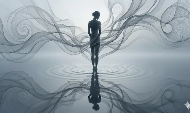 Stressmanagement & Resilienz für Ihre Gesundheit Die dunkle Silhouette einer Person steht ruhig im Zentrum konzentrischer Wasserringe auf einer spiegelglatten Oberfläche, während sanfte, rauchähnliche graue Wellenformen sie schützend umfließen. Wir sind ein Team von passionierten Gesundheitsenthusiasten, die sich der Aufklärung und Inspiration verschrieben haben.