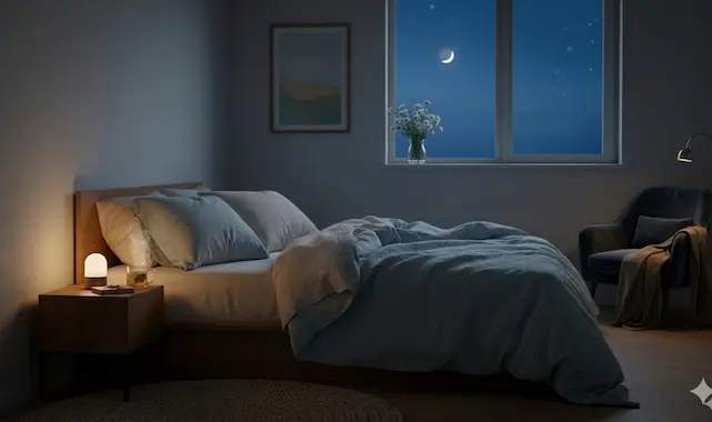 Ein gemütlich hergerichtetes Bett in einem abgedunkelten Schlafzimmer bei Nacht, eine warme Nachttischlampe, eine Tasse Tee und ein Blick durch das Fenster auf eine Mondsichel; ein essenzieller Teil der allgemeinen Gesundheit, Prävention, Schlaf, Bewegung und Stressmanagement.