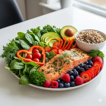 Eine bunte Vielfalt an pflanzlichen Lebensmitteln wie Kichererbsen, Linsen, frischem Grünkohl, Avocado und Beeren ist ästhetisch auf einem hellen Holztisch angerichtet, um die Möglichkeiten einer veganen Ernährung zu zeigen.