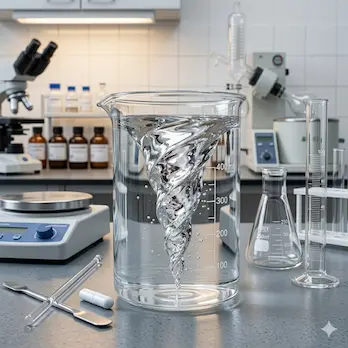 Ein abstrakter, dynamischer Wasserwirbel in einem Glasbecher, der die rituelle Verschüttelung und Potenzierung homöopathischer Urtinkturen symbolisiert, mit weichem Licht und klarem Fokus.