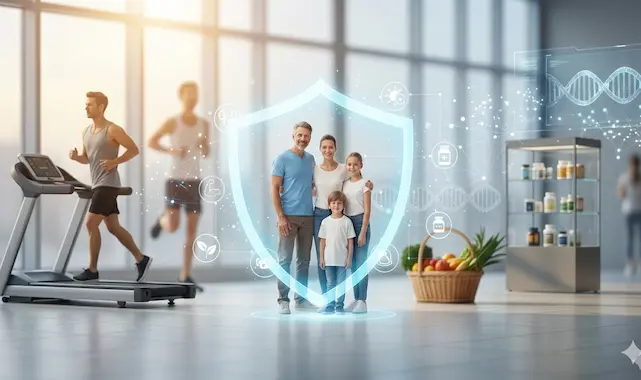 Eine vierköpfige Familie steht lächelnd hinter einem leuchtenden, blauen Schutzschild-Symbol in einem hellen Raum; umgeben von Icons für Vitalität, gesunde Ernährung und Fitness als Symbole für allgemeine Gesundheit, Prävention, Schlaf, Bewegung und Stressmanagement.