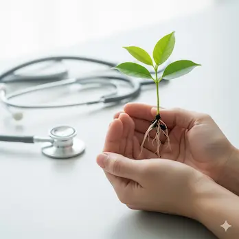 Hände halten behutsam einen jungen Pflanzenkeimling, während im weichgezeichneten Hintergrund ein Stethoskop liegt – Symbol für die Verbindung von moderner Medizin und komplementären Ansätzen.