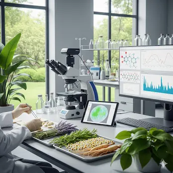 Ein Wissenschaftler in einem hellen Labor untersucht Heilpflanzen neben einem Mikroskop und digitalen Datensensoren, was die Verbindung von Naturheilkunde und moderner klinischer Forschung symbolisiert.