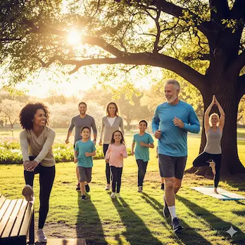 Vorteile durch körperliche Aktivität für Ihre Gesundheit Menschen verschiedener Altersgruppen bewegen sich aktiv und freudig in einem sonnendurchfluteten Park, was die positiven Auswirkungen von Sport auf das allgemeine Wohlbefinden unterstreicht.