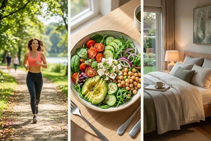 Bewegung, Ernährung und Schlaf für vitale Gesundheit Eine dreiteilige vertikale Collage: Links eine joggende Frau in Sportkleidung auf einem Waldweg, mittig eine Schüssel mit frischem Salat, Avocado und Kichererbsen auf einem Holztisch, rechts ein helles, einladendes Schlafzimmer mit einem ordentlich gemachten Bett. Wir sind ein Team von passionierten Gesundheitsenthusiasten, die sich der Aufklärung und Inspiration verschrieben haben.