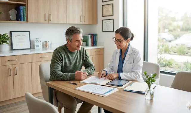 Prävention und Vorsorge für Ihre körperliche Gesundheit Eine Ärztin im weißen Kittel und ein Patient sitzen sich an einem hellen Holztisch gegenüber und gehen gemeinsam medizinische Unterlagen sowie ein Tablet durch – mit besonderem Fokus auf die Förderung der körperlichen Gesundheit. Wir sind ein Team von passionierten Gesundheitsenthusiasten, die sich der Aufklärung, Inspiration und der Stärkung der körperlichen Gesundheit verschrieben haben.