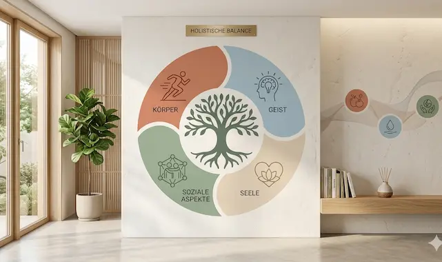 Wohlbefinden & körperliche Gesundheit ganzheitlich verstehen Eine kreisförmige Infografik mit einem Lebensbaum im Zentrum, unterteilt in vier farbige Segmente: Körper (Symbol eines Läufers), Geist (Kopf mit Glühbirne), Seele (Herz mit Lotusblüte) und Soziale Aspekte (verbundene Figuren). Wir sind ein Team von passionierten Gesundheitsenthusiasten, die sich der Aufklärung und Inspiration verschrieben haben.
