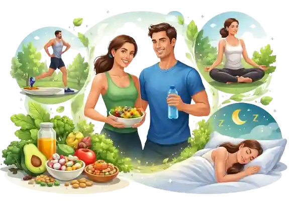 Eine Illustration verschiedener Säulen eines gesunden Lebensstils: Ein sportlicher Mann beim Laufen, ein lächelndes Paar mit Salat und Wasser sowie eine Frau beim Meditieren und beim erholsamen Schlaf; essenzielle Faktoren für allgemeine Gesundheit, Prävention, Bewegung und Stressmanagement.