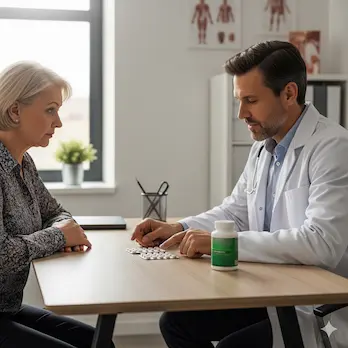 Ein Arzt und eine Patientin besprechen in einer hellen Praxis gemeinsam die Kombination von Medikamenten in einer Blisterpackung und einer Dose mit Nahrungsergänzungsmitteln.