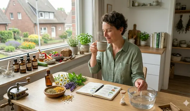 Natürliche Heilmethoden sicher im Alltag anwenden Eine Frau sitzt an einem Küchentisch, trinkt Tee und führt gleichzeitig eine Wasseranwendung in einer Glasschüssel durch; vor ihr liegen frische Kräuter wie Kamille und Lavendel sowie ein aufgeschlagenes Notizbuch. Die Integration von natürlichen Heilmethoden in den Alltag ist ein wichtiger Schritt zu mehr Wohlbefinden und körperlicher Gesundheit.
