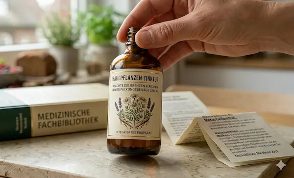Grenzen und Risiken natürlicher Heilmethoden Eine Hand hält eine braune Glasflasche mit dem Etikett „Heilpflanzen-Tinktur“ und dem Warnhinweis „Beachte die Grenzen & Risiken“, daneben liegen ein medizinischer Beipackzettel und ein Fachbuch. So wirkungsvoll natürliche Heilmethoden auch sein können, es ist entscheidend, ihre Grenzen und Risiken zu kennen und realistisch einzuschätzen.