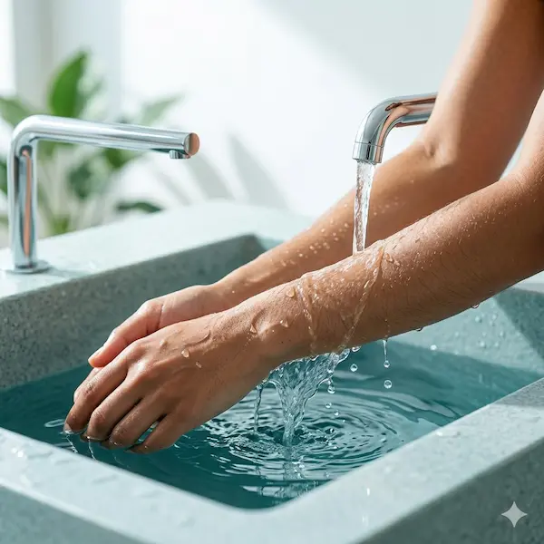 Natürliche Heilmethoden: Hydrotherapie im Alltag Zwei Unterarme werden unter einen fließenden Wasserstrahl aus einem silbernen Hahn gehalten, während das Wasser in ein gläsernes Becken abfließt. Die Integration von natürlichen Heilmethoden in den Alltag ist ein wichtiger Schritt zu mehr Wohlbefinden und körperlicher Gesundheit.