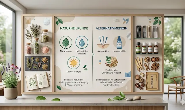 Unterschied Naturheilkunde und Alternativmedizin erklärt Eine gegenüberstellende Infografik zeigt links die Naturheilkunde mit den Symbolen Blatt, Wassertropfen und Sonne für Naturbezug, Heilkraft des Wassers und Lebensenergie; rechts steht die Alternativmedizin mit Akupunktur, Homöopathie und TCM. Als passionierte Gesundheitsenthusiasten klären wir hier über die unterschiedlichen Ansätze zur Aktivierung der Selbstheilungskräfte auf.