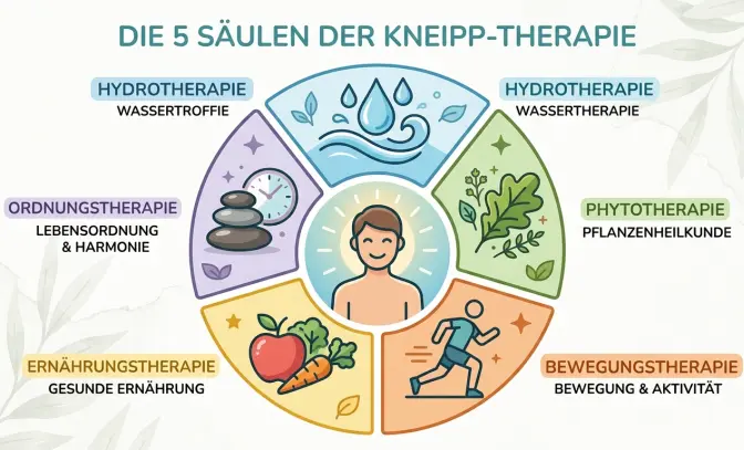 Die 5 Säulen der Naturheilkunde nach Kneipp im Überblick Eine kreisförmige Infografik illustriert die 5 Säulen der Naturheilkunde nach Kneipp: Hydrotherapie (Wasser), Phytotherapie (Pflanzen), Bewegungstherapie, Ernährungstherapie und Ordnungstherapie (Lebensordnung). Diese Säulen bilden das Herzstück vieler natürlicher Heilmethoden und bieten einen umfassenden Ansatz für ein gesundes und vitales Leben.