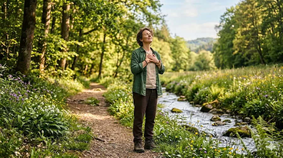 Naturheilkunde & Natürliche Heilmethoden für Vitalität Eine Frau steht mit geschlossenen Augen und den Händen auf dem Herzen an einem sonnigen Waldweg neben einem Bachlauf; als Team passionierter Gesundheitsenthusiasten inspirieren wir hier zur Nutzung natürlicher Heilmethoden für mehr Wohlbefinden.