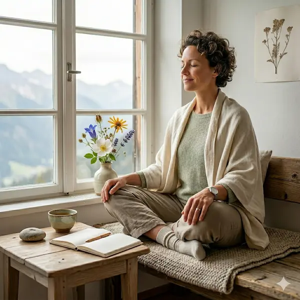 Ordnungstherapie: Innere Balance & Lebensführung Eine Frau sitzt mit geschlossenen Augen in meditativer Haltung auf einer Holzbank an einem hellen Fenster mit Bergblick; neben ihr stehen Blumen, ein Notizbuch und eine Tasse Tee. Die Ordnungstherapie ist die fünfte und oft unterschätzte Säule der Naturheilkunde und essenziell für die psychische Gesundheit.