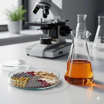 Getrocknete Heilkräuter in einer Petrischale neben einem Becherglas mit Pflanzenextrakt in einem hellen Labor – Darstellung der Qualitätskontrolle für pflanzliche Arzneimittel.