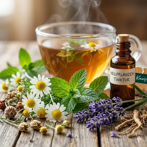 Phytotherapie: Heilkraft der Pflanzen nutzen Frische Kamillenblüten, Pfefferminzblätter und Lavendel liegen auf einem Holztisch neben einer Glas-Tasse mit dampfendem Kräutertee und einer braunen Glasflasche mit der Aufschrift „Heilpflanzen-Tinktur“. Die Phytotherapie ist als Anwendung von Heilpflanzen eine zentrale Säule der Naturheilkunde und eine der ältesten natürlichen Heilmethoden.