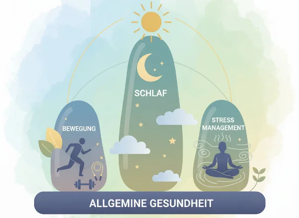 Eine Infografik mit den drei Säulen „Bewegung“, „Schlaf“ und „Stressmanagement“ unter einer strahlenden Sonne; ein Symbol dafür, wie Vitawy Expertenwissen zu Prävention bietet, um Ihr Fundament für ein widerstandsfähiges, vitales Leben voller Energie und Gesundheit zu stärken.