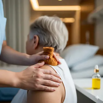 Pflegende Hände legen eine warme Kompresse auf die Schulter eines älteren Patienten, was eine naturheilkundliche Pflegeintervention zur Schmerzlinderung darstellt.
