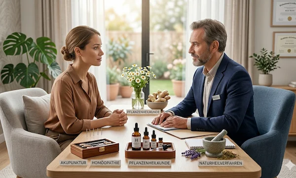Ein professionelles Beratungsgespräch zwischen einer Patientin und einem Experten in einer hellen Praxis. Auf dem Tisch liegen beschriftete Aufsteller für Akupunktur, Homöopathie und Pflanzenheilkunde sowie Naturheilmittel. Die Szene verdeutlicht den persönlichen, ganzheitlichen Ansatz der Alternativmedizin im Vergleich zur oft klinischen Schulmedizin.