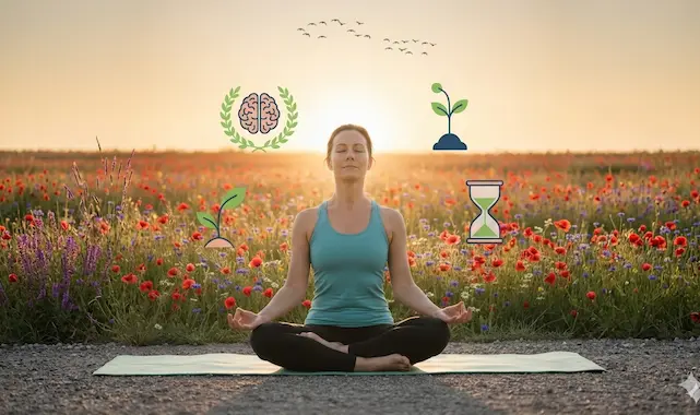 Eine Frau meditiert im Schneidersitz auf einer Yogamatte in einem blühenden Mohnfeld bei Sonnenuntergang, umgeben von Symbolen für Achtsamkeit, Zeitmanagement und geistiges Wachstum; ein wichtiger Aspekt für allgemeine Gesundheit, Prävention, Schlaf, Bewegung und Stressmanagement.