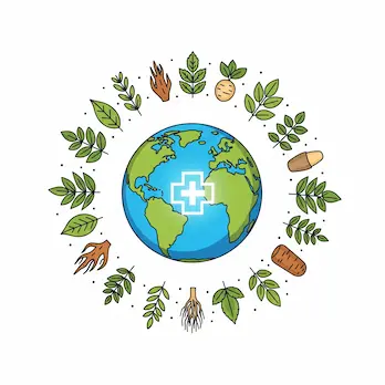 Ein stilisierter, leuchtender Globus umgeben von verschiedenen Heilkräutern und einem dezenten medizinischen Kreuz, was die weltweite Standardisierung der traditionellen Medizin darstellt.