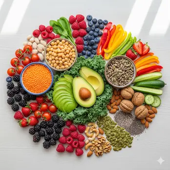 Eine bunte Vielfalt an pflanzlichen Lebensmitteln wie Kichererbsen, Linsen, frischem Grünkohl, Avocado und Beeren ist ästhetisch auf einem hellen Holztisch angerichtet, um die Möglichkeiten einer veganen Ernährung zu zeigen.